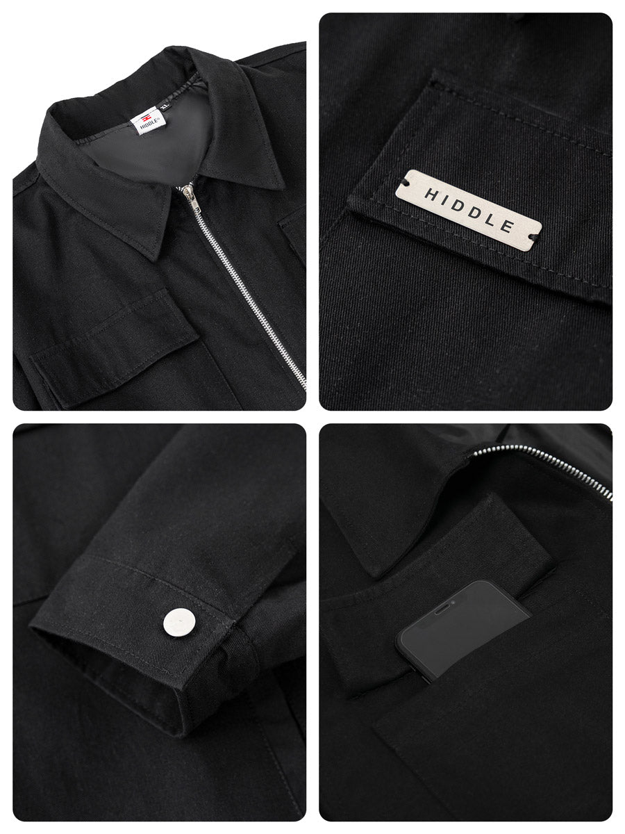 Collage of a black jacket with various details including a zipper, collar, button, and pocket.