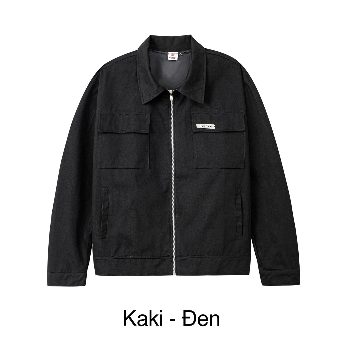 Black jacket with a brand logo on a white background