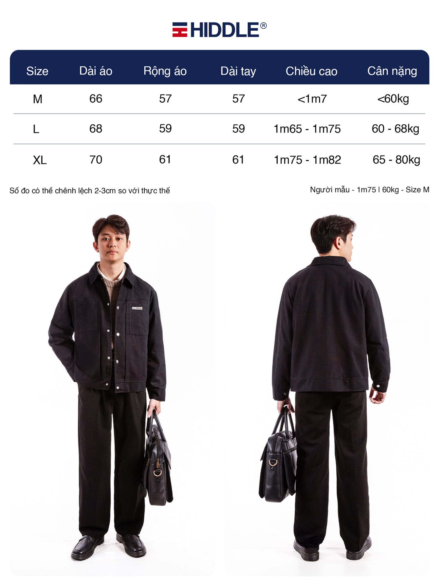 Measurement chart for Hiddle workwear with two models wearing the outfit.