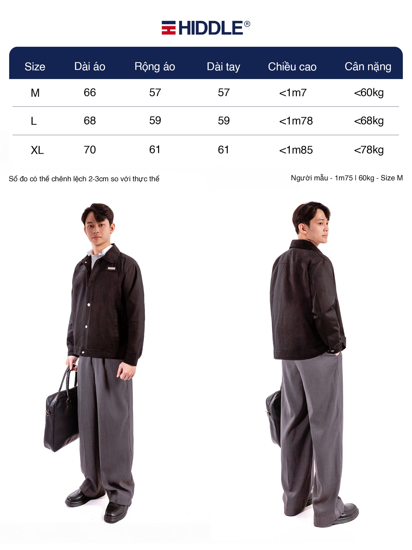 Hiddle clothing size chart with two models wearing black jackets and gray pants.
