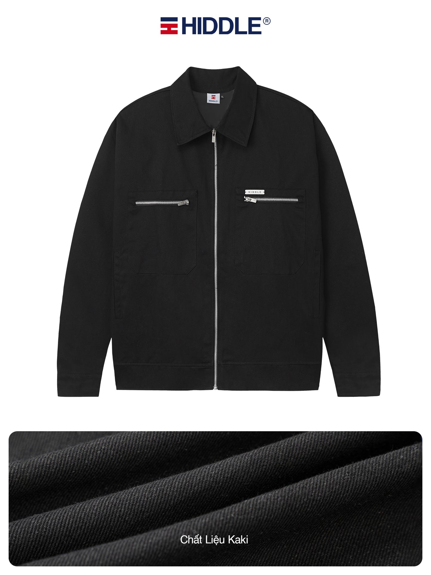 Black jacket with zipper and Hiddle branding on a white background