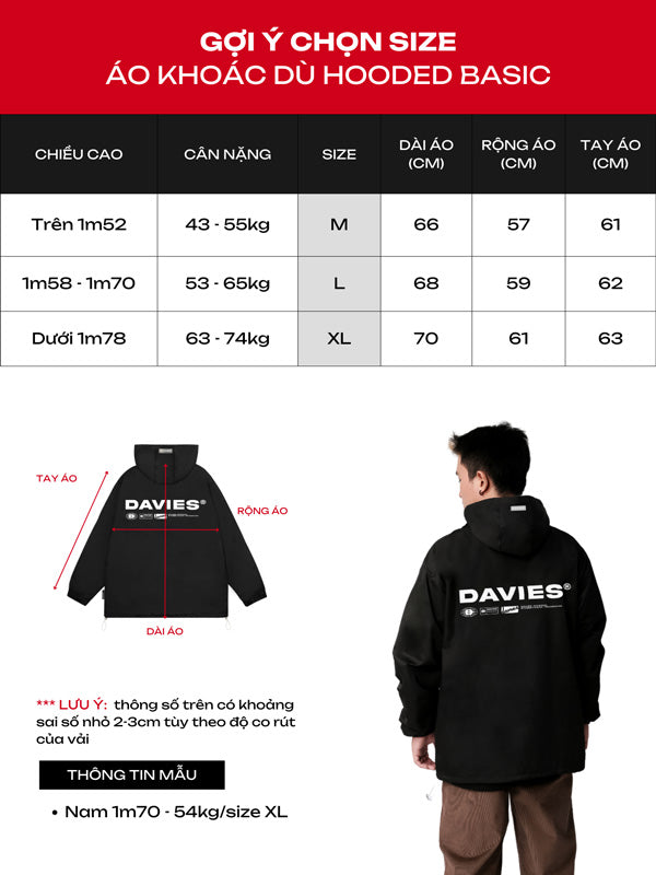 Size chart for a hooded jacket with a person wearing the jacket and product details.
