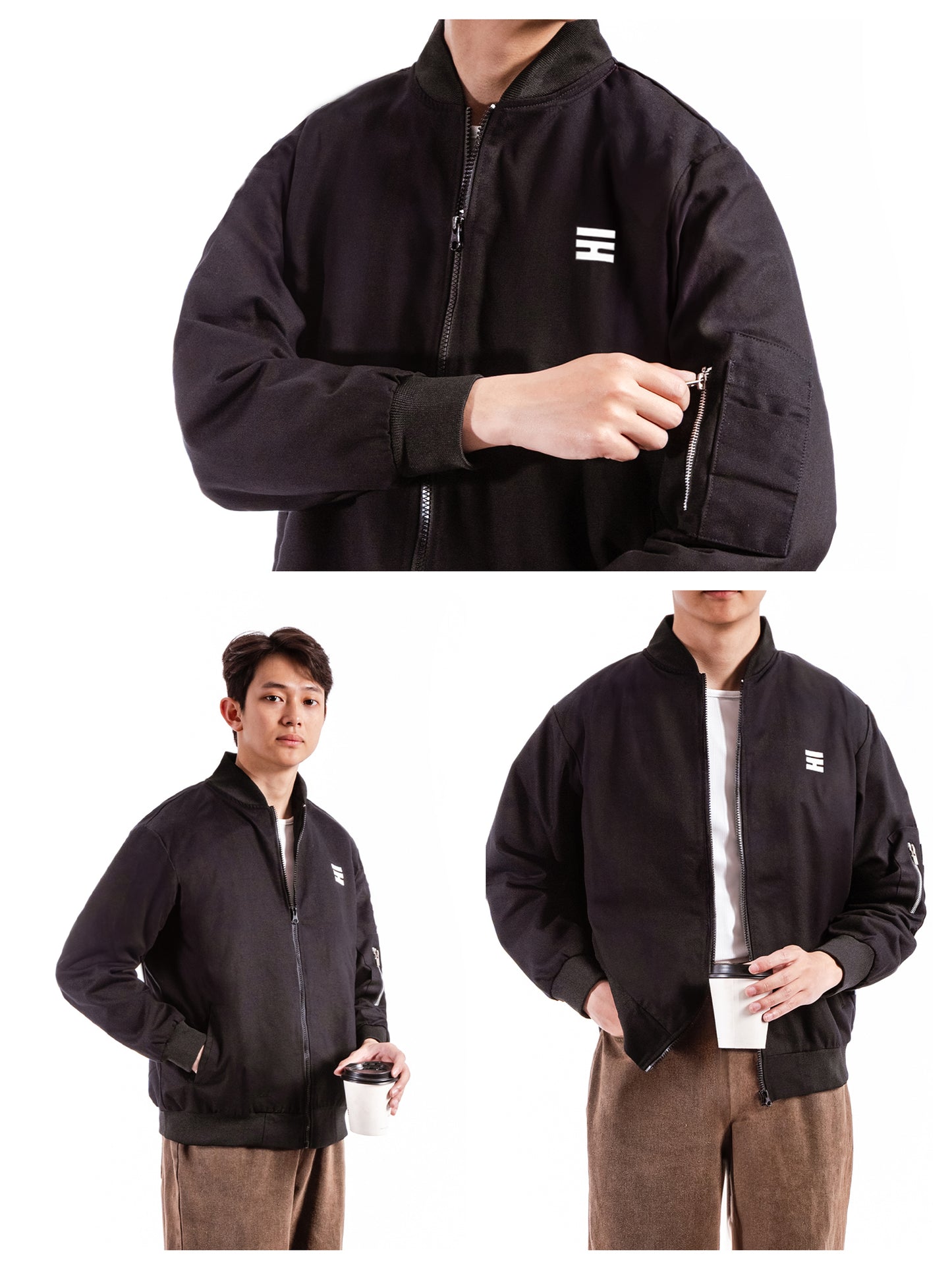 Black bomber jacket with a brand logo worn by a person on a white background