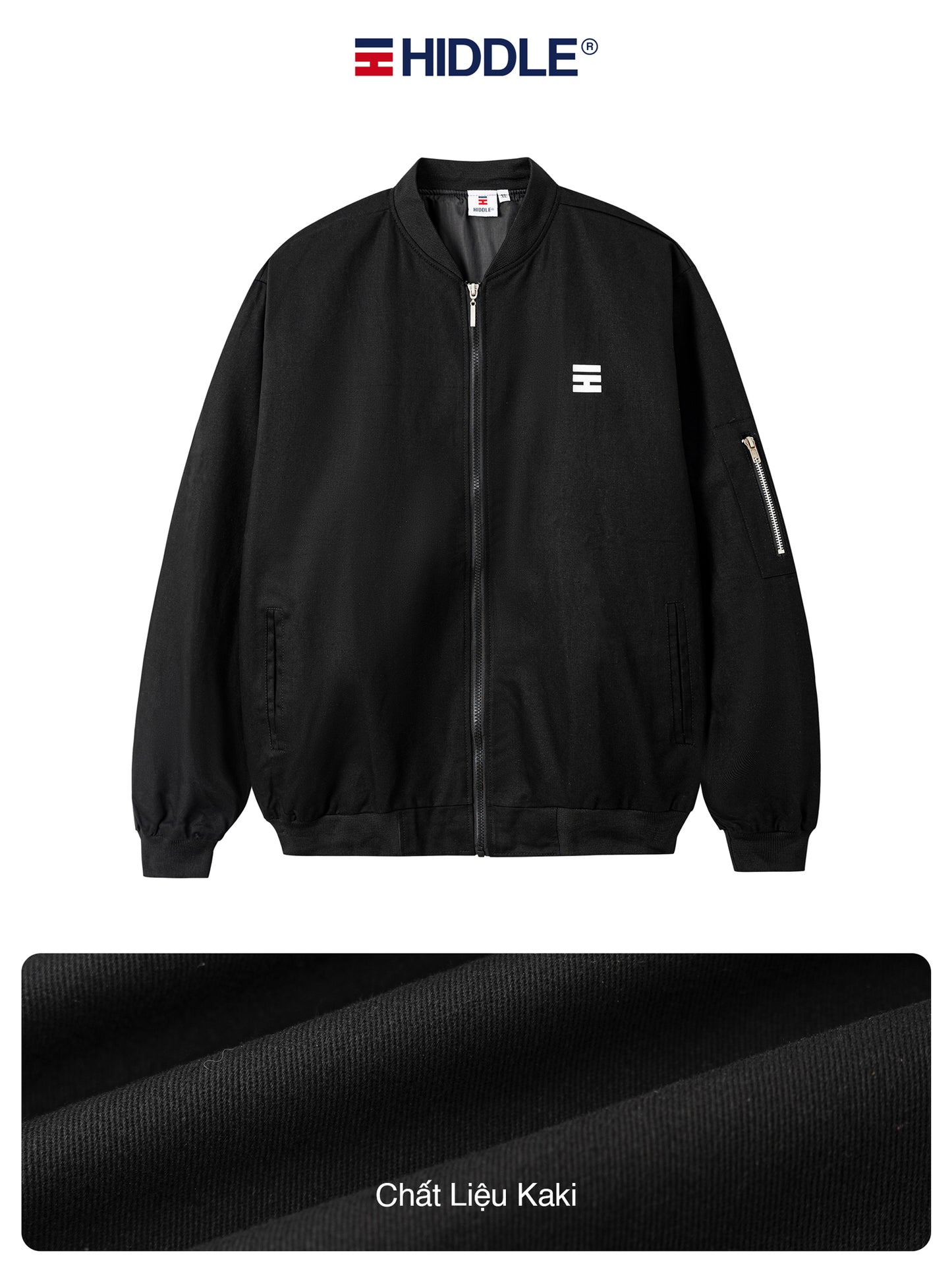 Black jacket with Hiddle logo on a white background