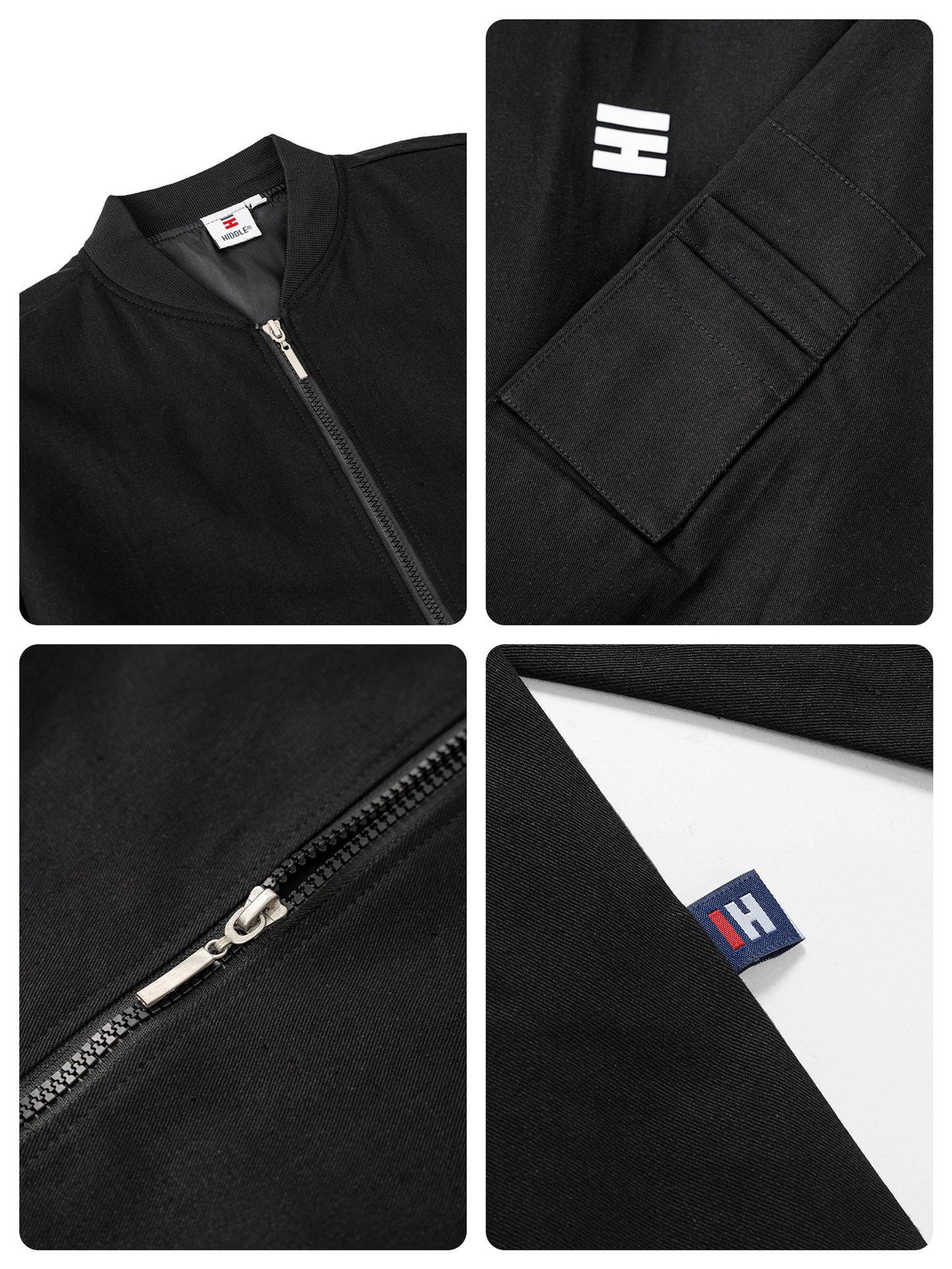 Black jacket with zipper and brand logo on a white background