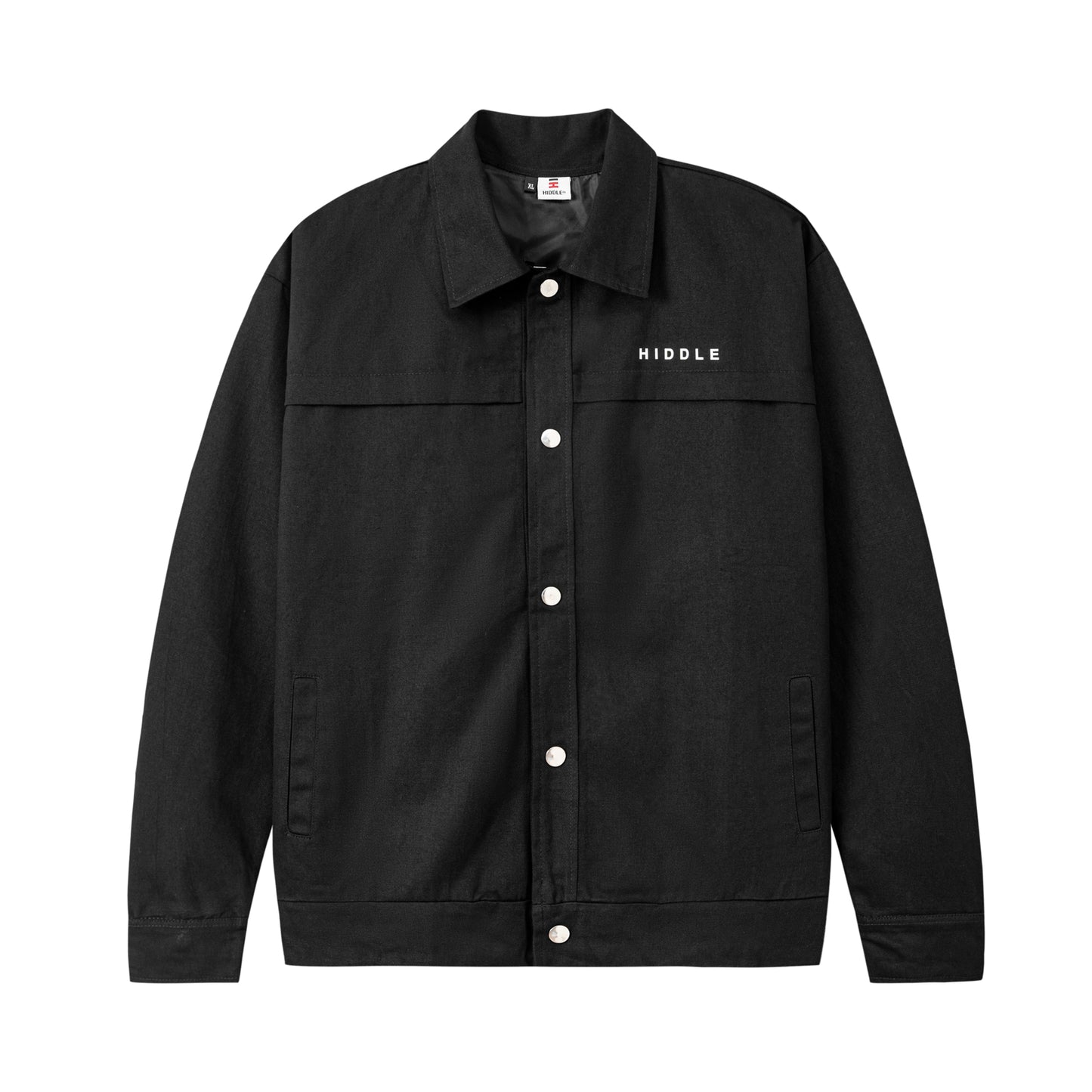 Black jacket with 'HIDDLE' branding on a white background