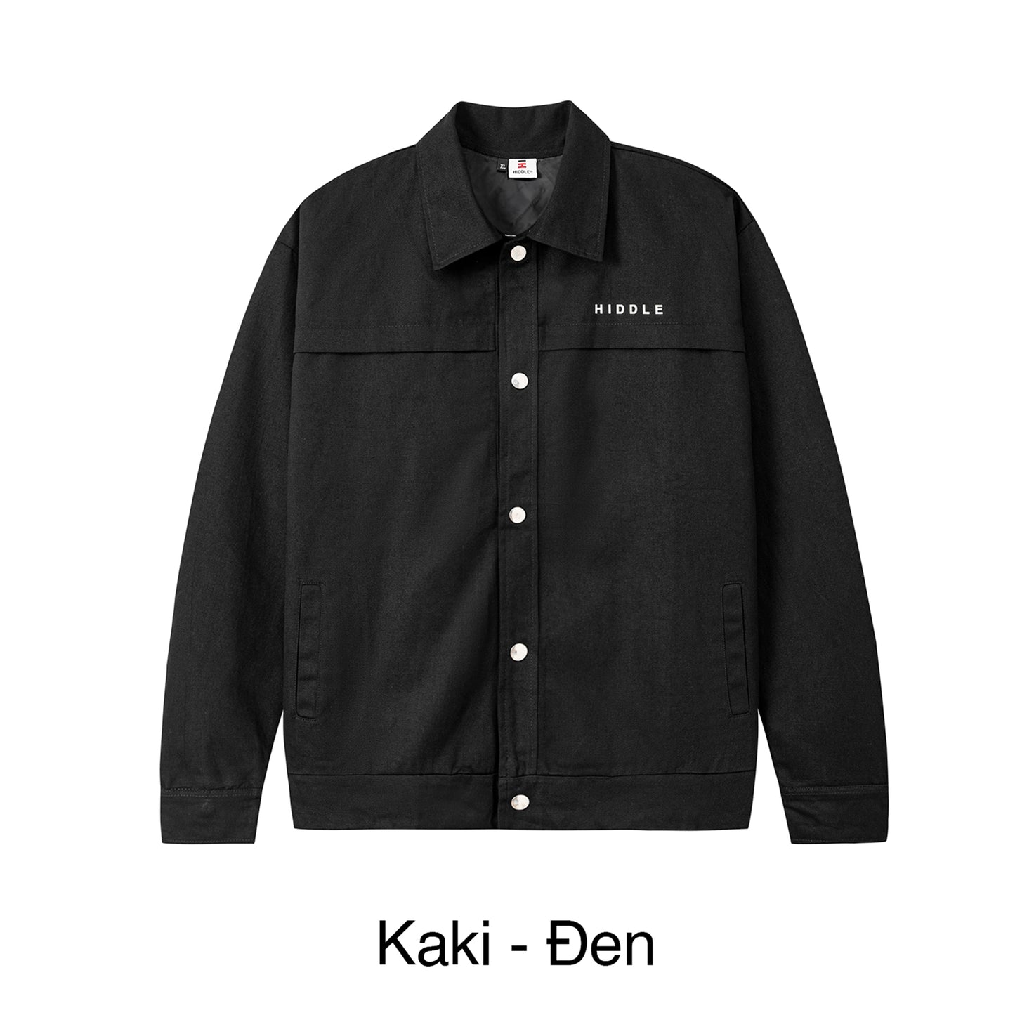 Black jacket with visible branding on a white background