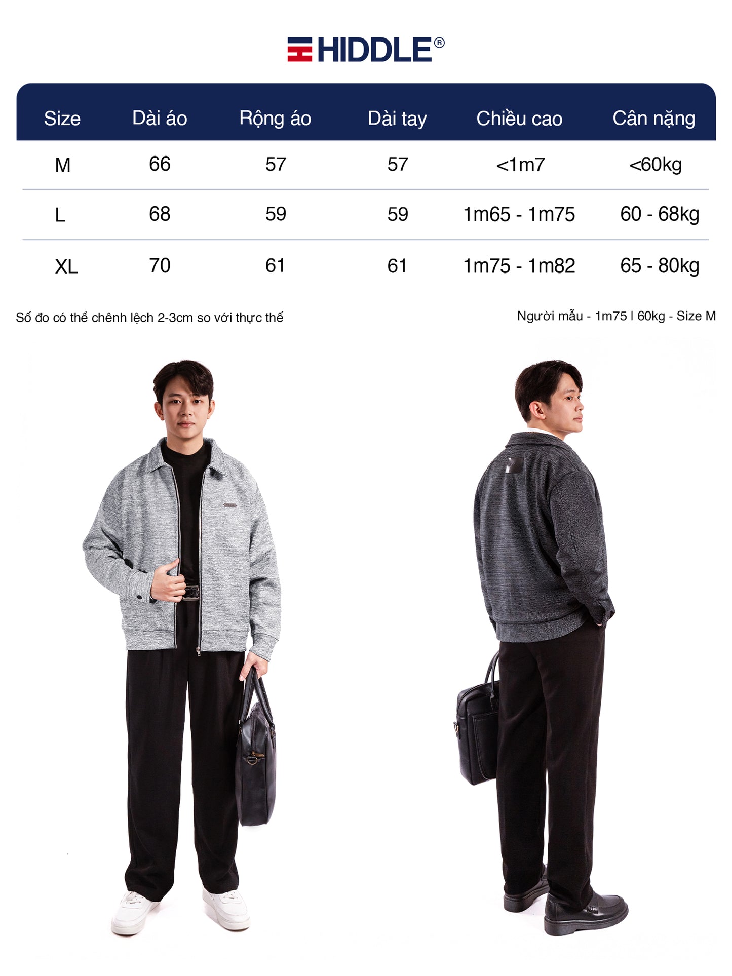 Size chart for a jacket with two models wearing the jacket, showing different sizes and measurements.
