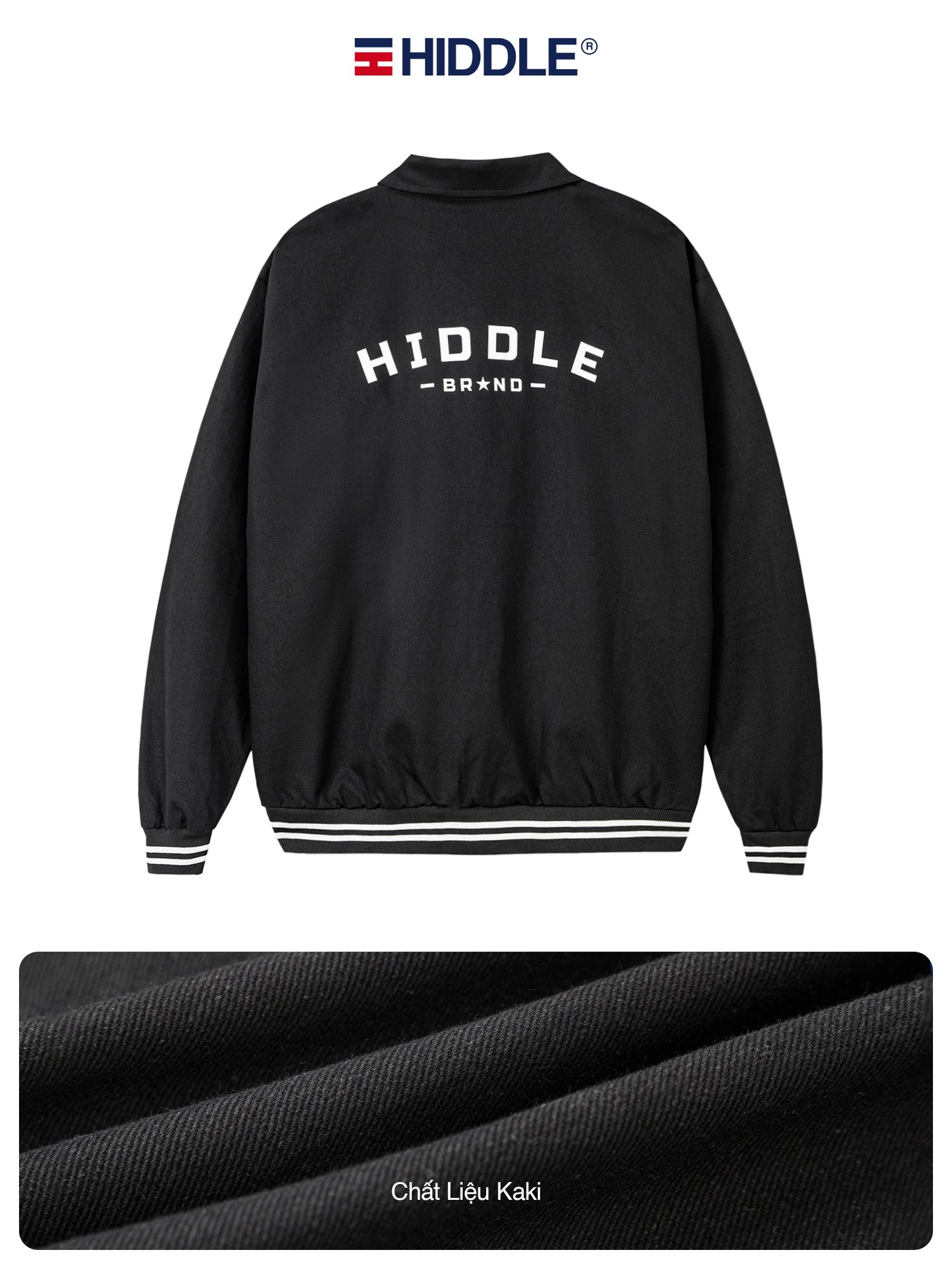 Black jacket with 'Hiddle Brand' logo on a white background