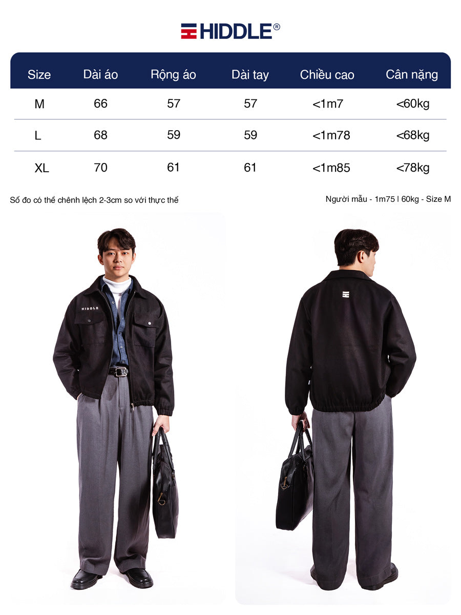 Size chart for a jacket and pants with Hiddle branding, showing measurements and fitting information.