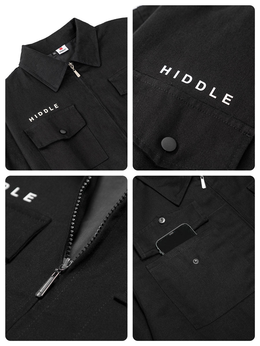 Black jacket with 'HIDDLE' branding on a white background
