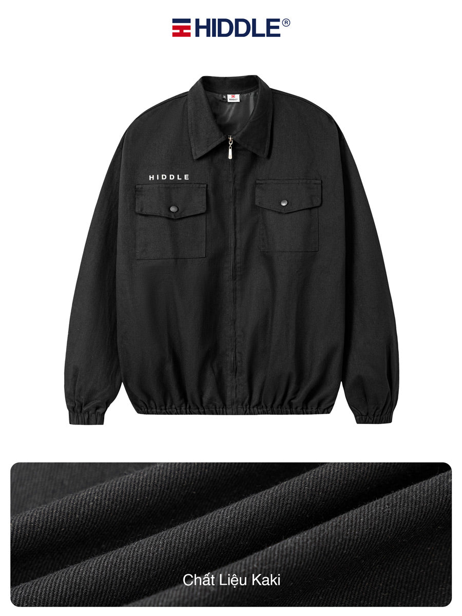 Black jacket with 'Hiddle' branding on a white background
