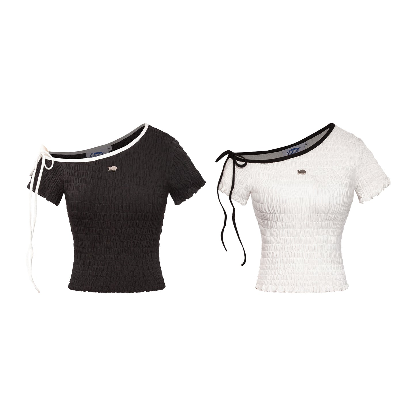 Black and white short-sleeve tops with unique cut-out shoulders on a white background