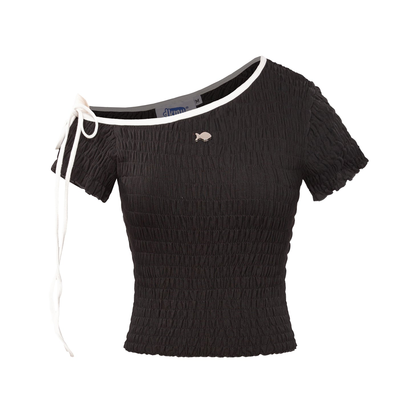 Black textured top with white trim on a white background