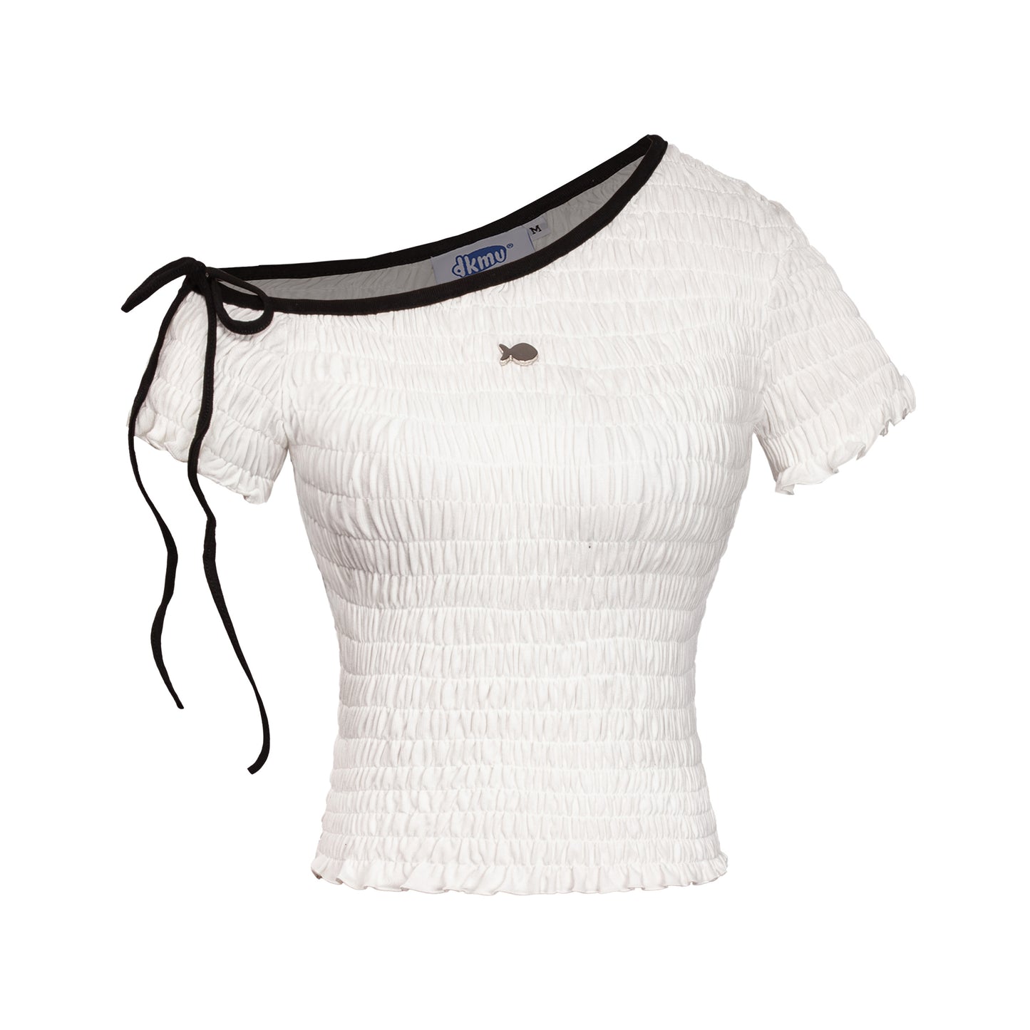 White short-sleeve top with black ribbons on a white background