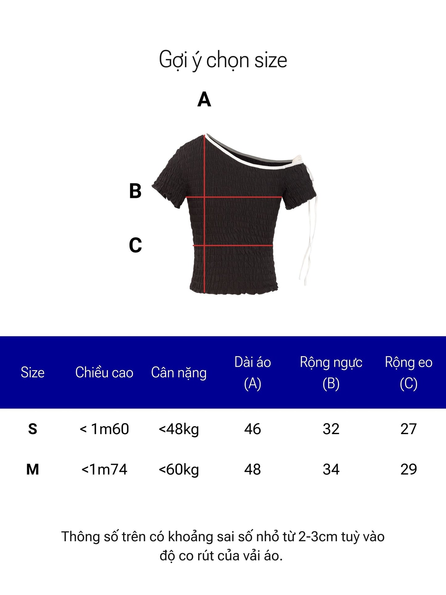 Size chart for a black off-shoulder top with measurements and size guide.