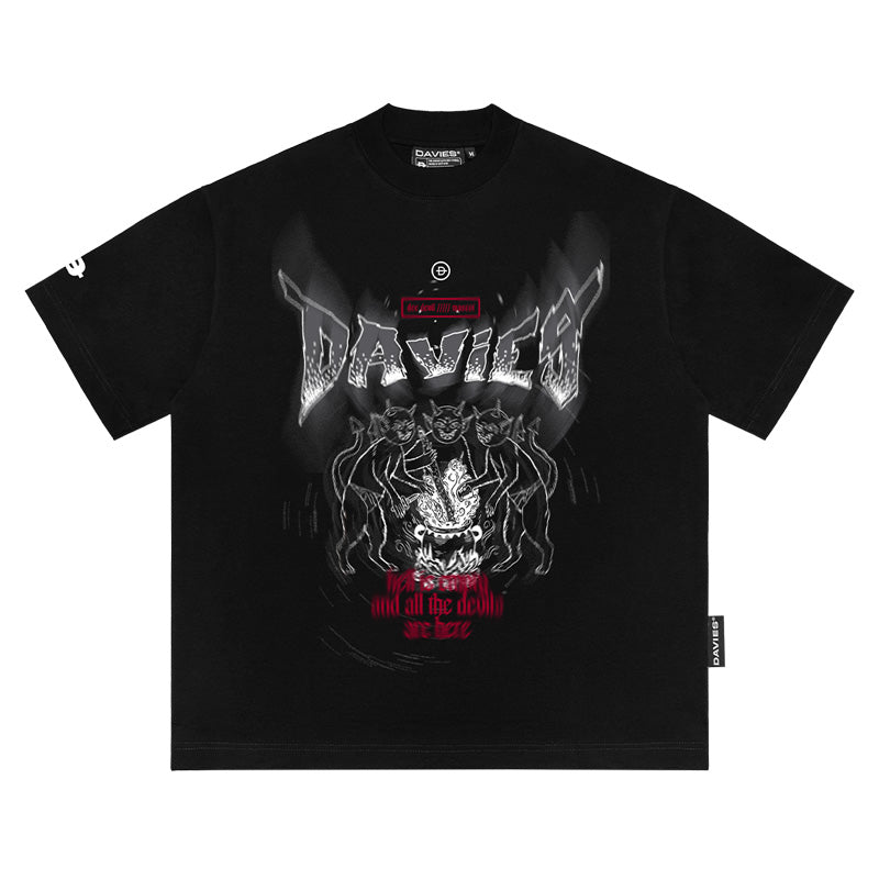 Black t-shirt with graphic design and text on a white background