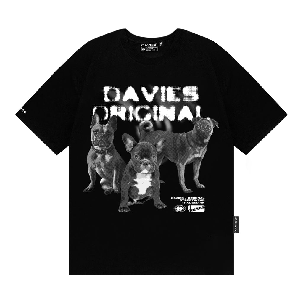 Black t-shirt with 'DAVIES ORIGINAL' text and dog graphics on a white background