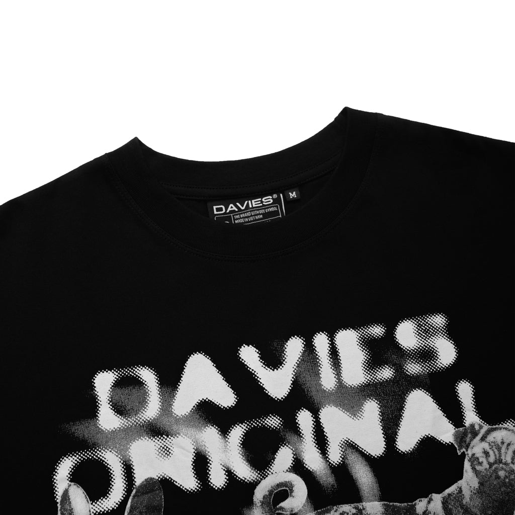 Black t-shirt with 'DAVIES ORIGINAL' text and brand logo on a white background