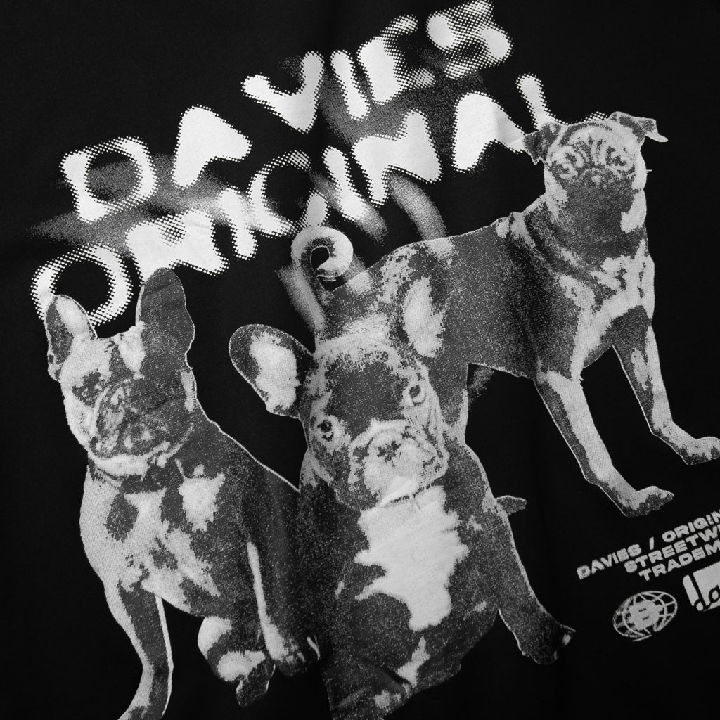 Black and white graphic of a dog with 'DAVIES ORIGINAL' text on a black background
