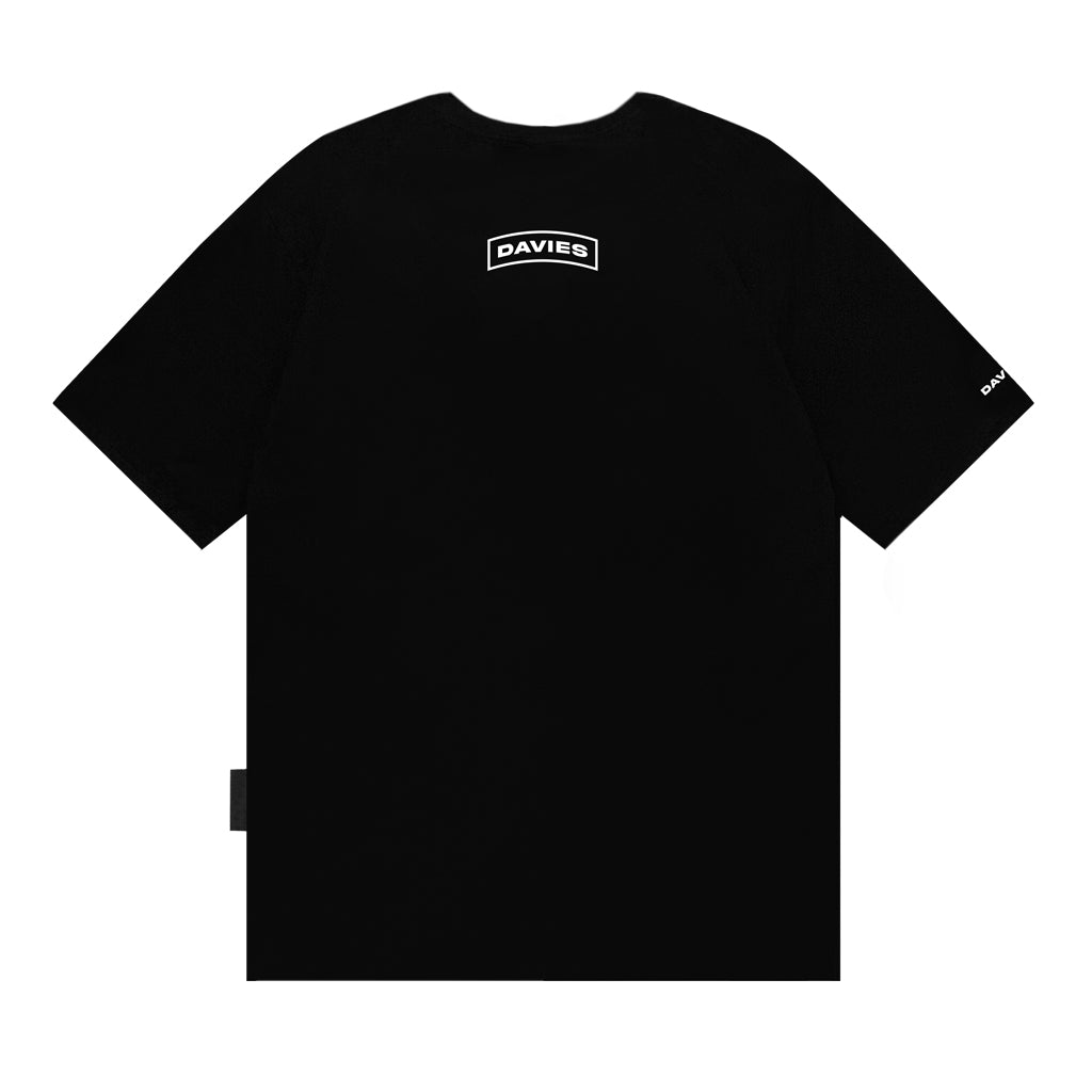 Black t-shirt with 'DAVIES' logo on a white background