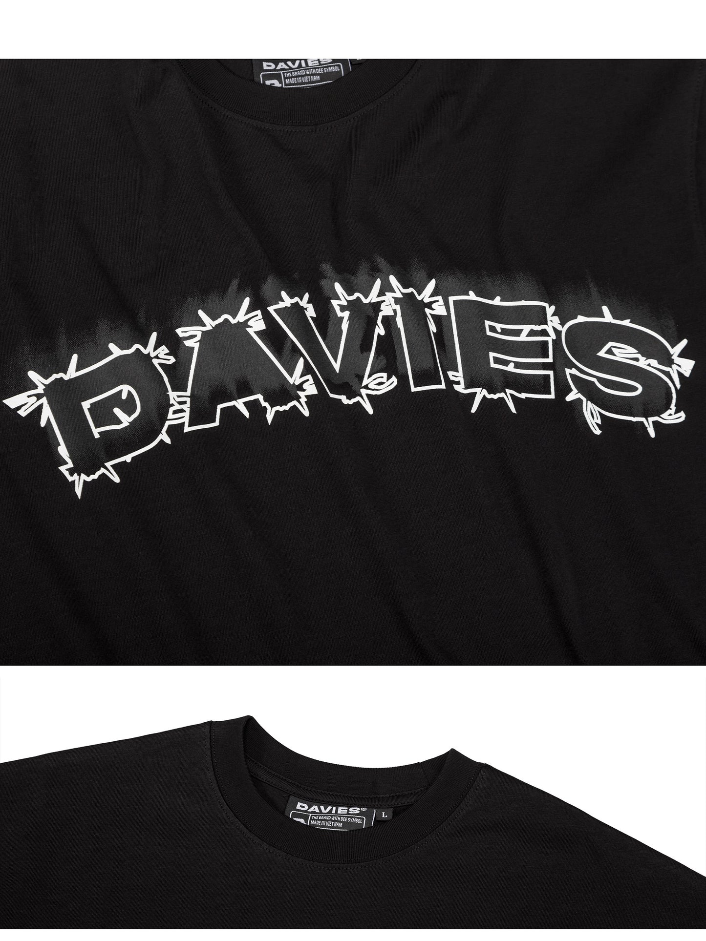 Black t-shirt with 'DAVIES' logo on a white background