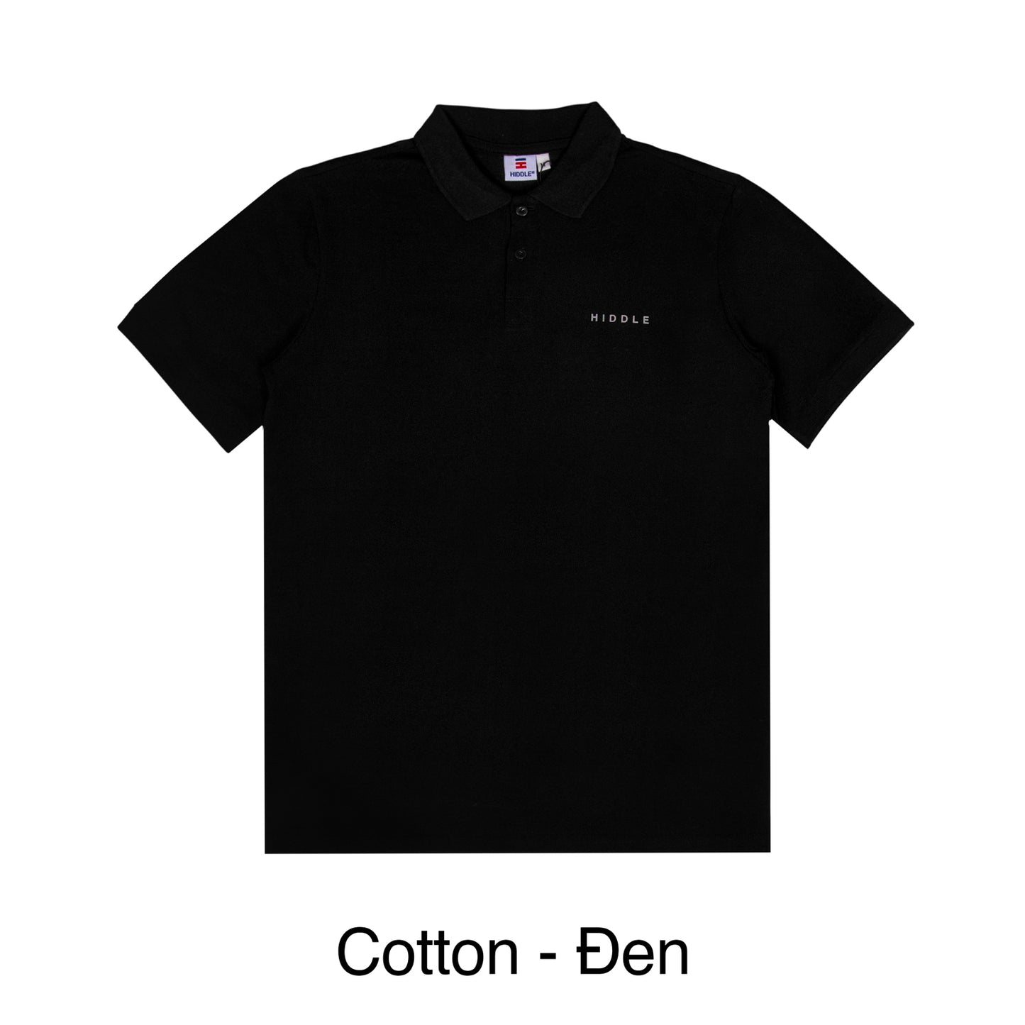 Black polo shirt with a small logo on a white background