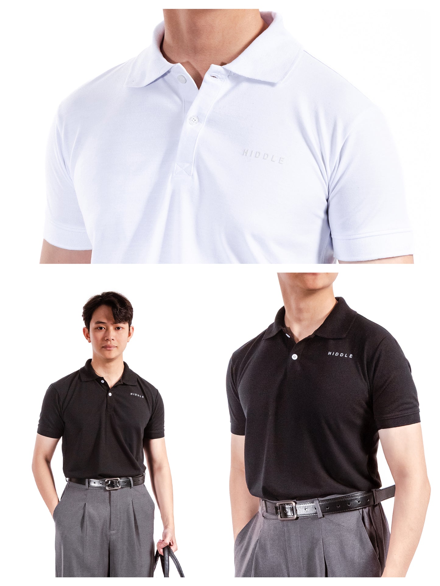 Two polo shirts, one white and one black, worn by a person on a white background.