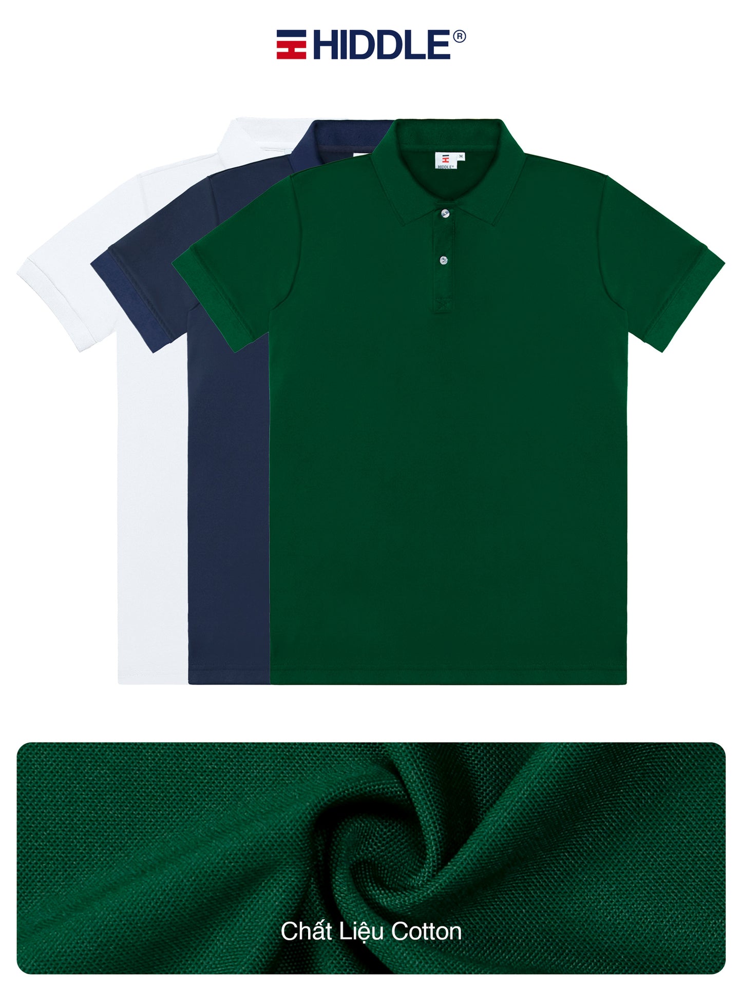 Green polo shirt with Hiddle branding and fabric swatch at the bottom.