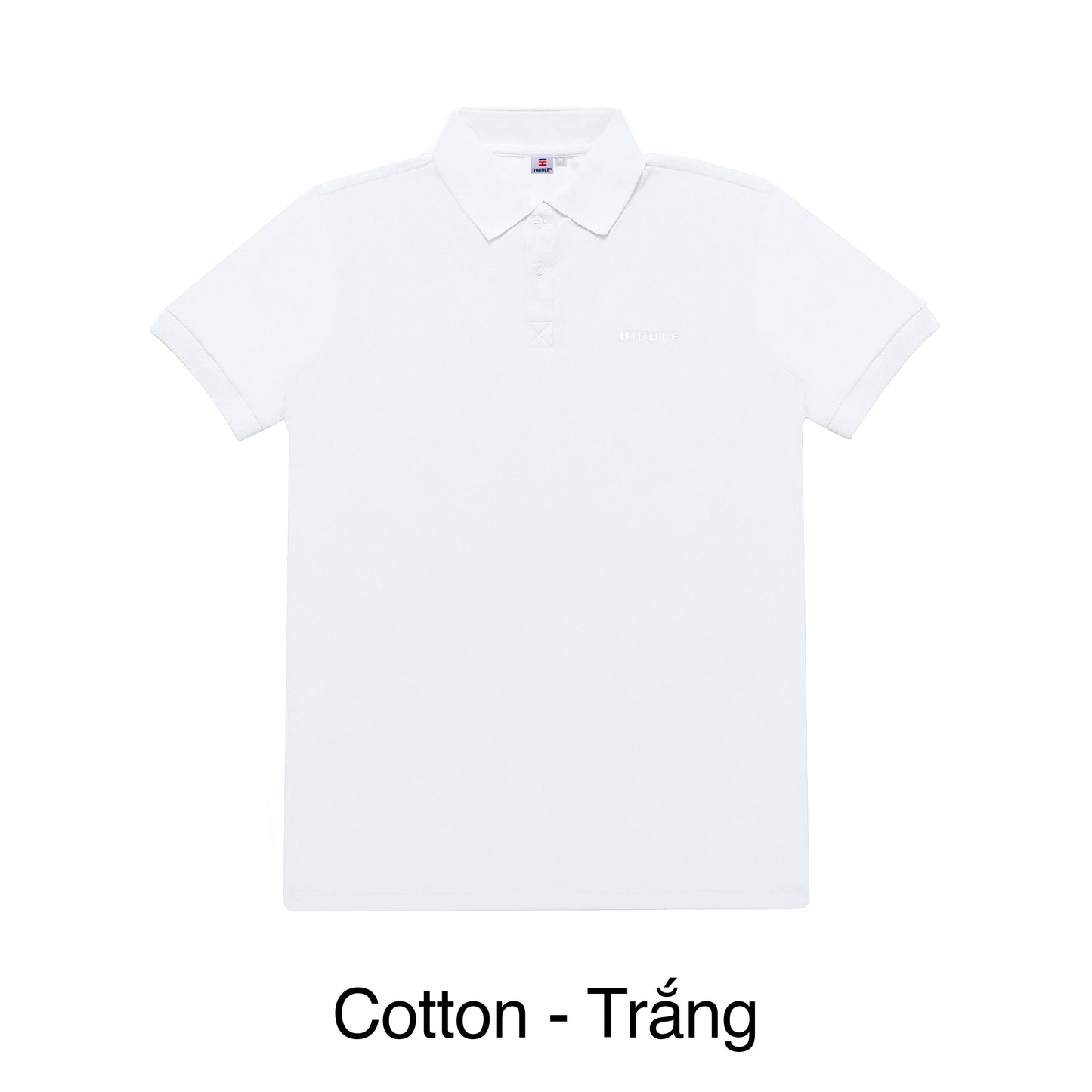White polo shirt on a white background with 'Cotton - Trắng' text.