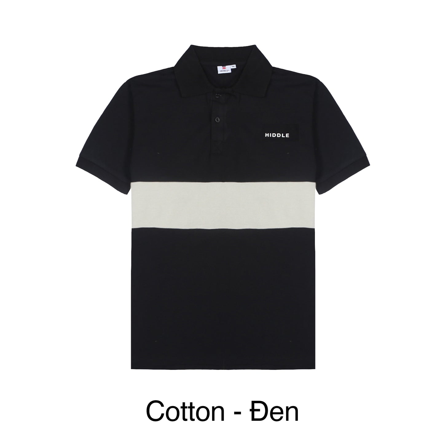 Black and white polo shirt with 'HIDDLE' branding on a white background