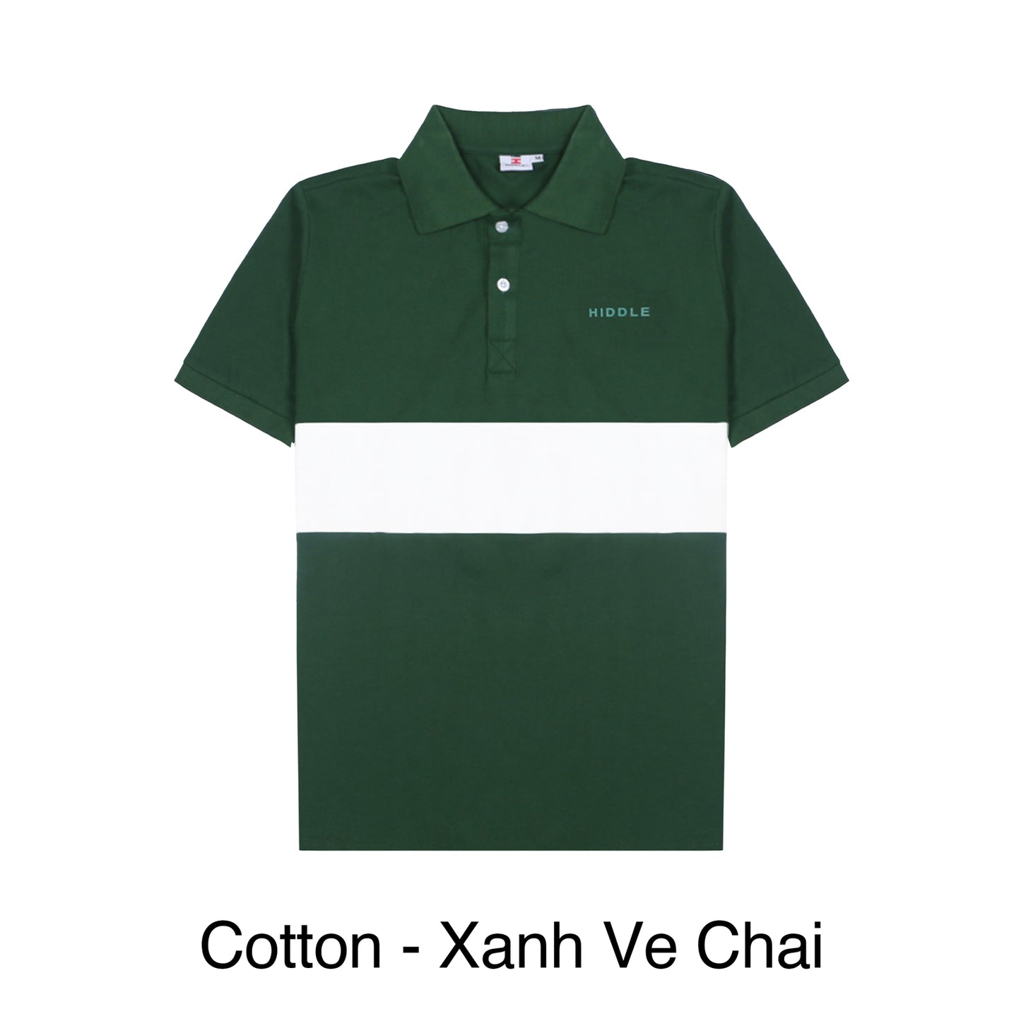 Green and white polo shirt with 'HIDDLE' branding on a white background