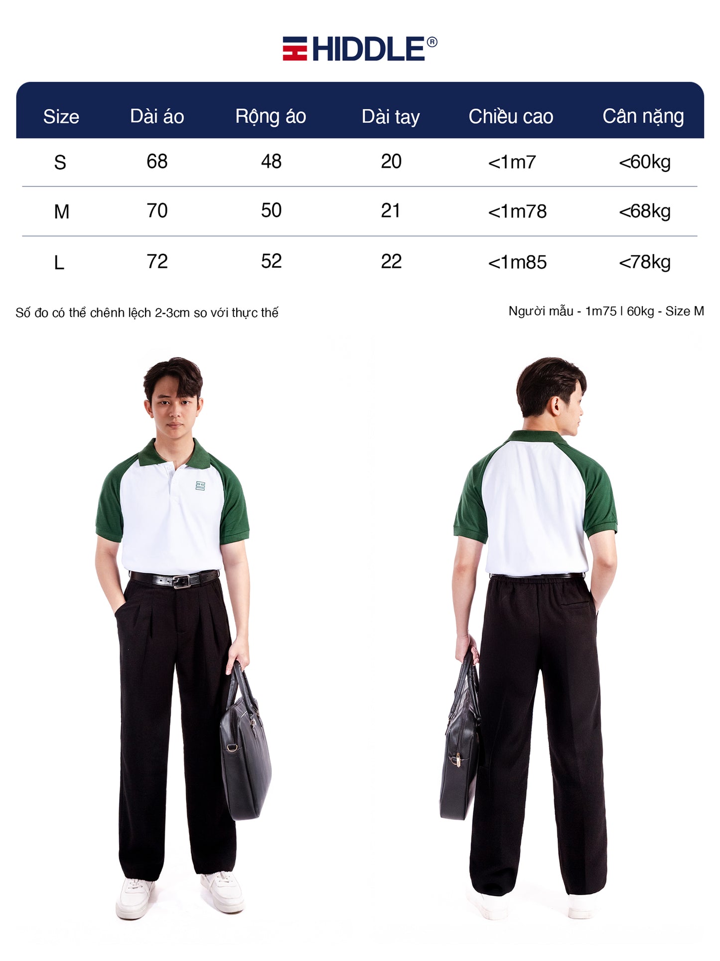 Hiddle uniform size chart with two models wearing the outfit.