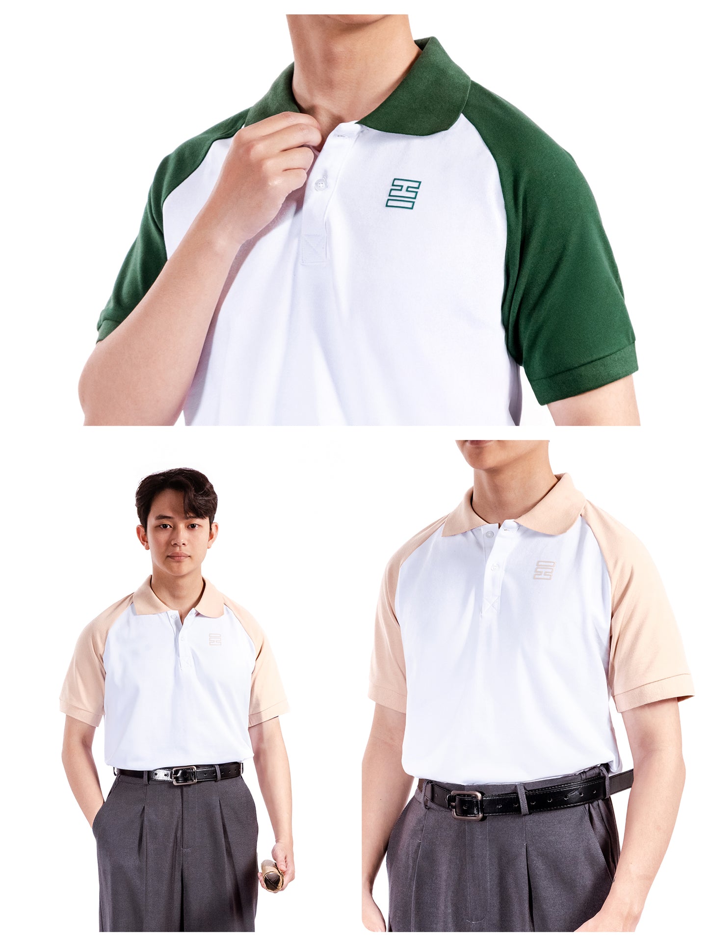 Two views of a person wearing a green and white polo shirt with a logo, paired with gray pants.