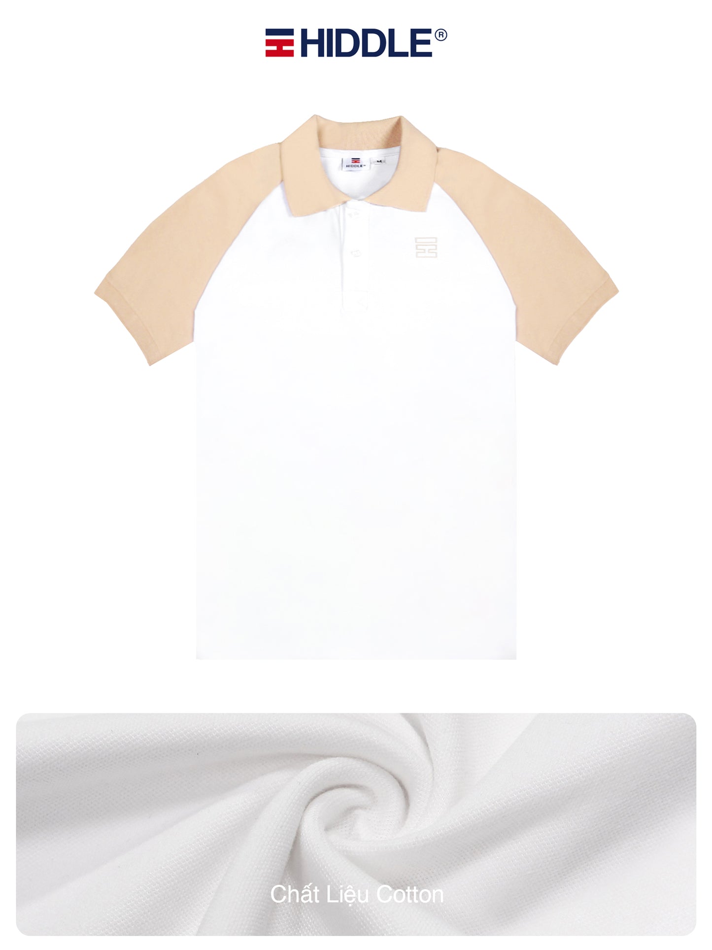 Beige and white polo shirt with Hiddle branding on a white background