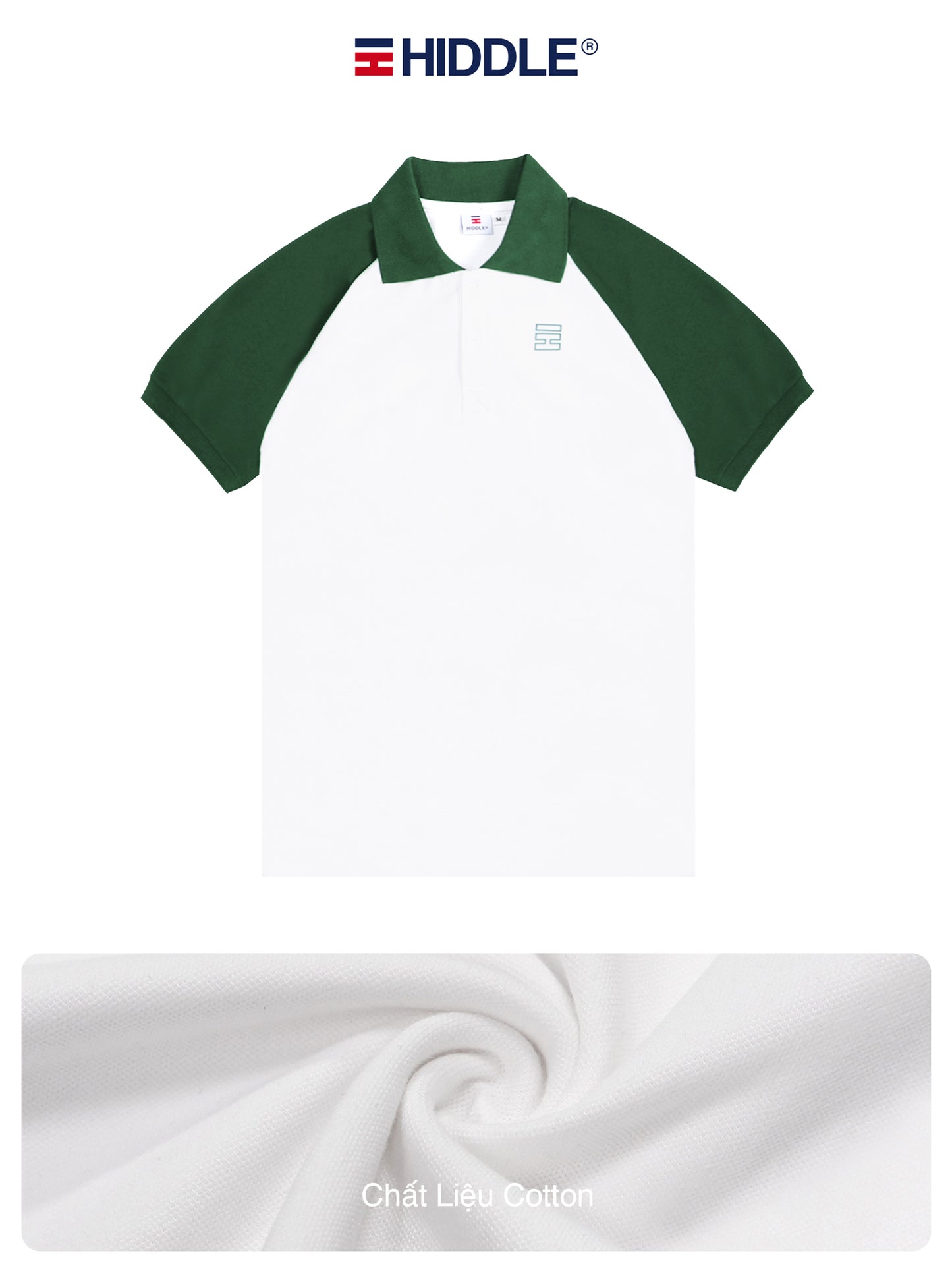White polo shirt with green sleeves on a white background, featuring the Hiddle brand.