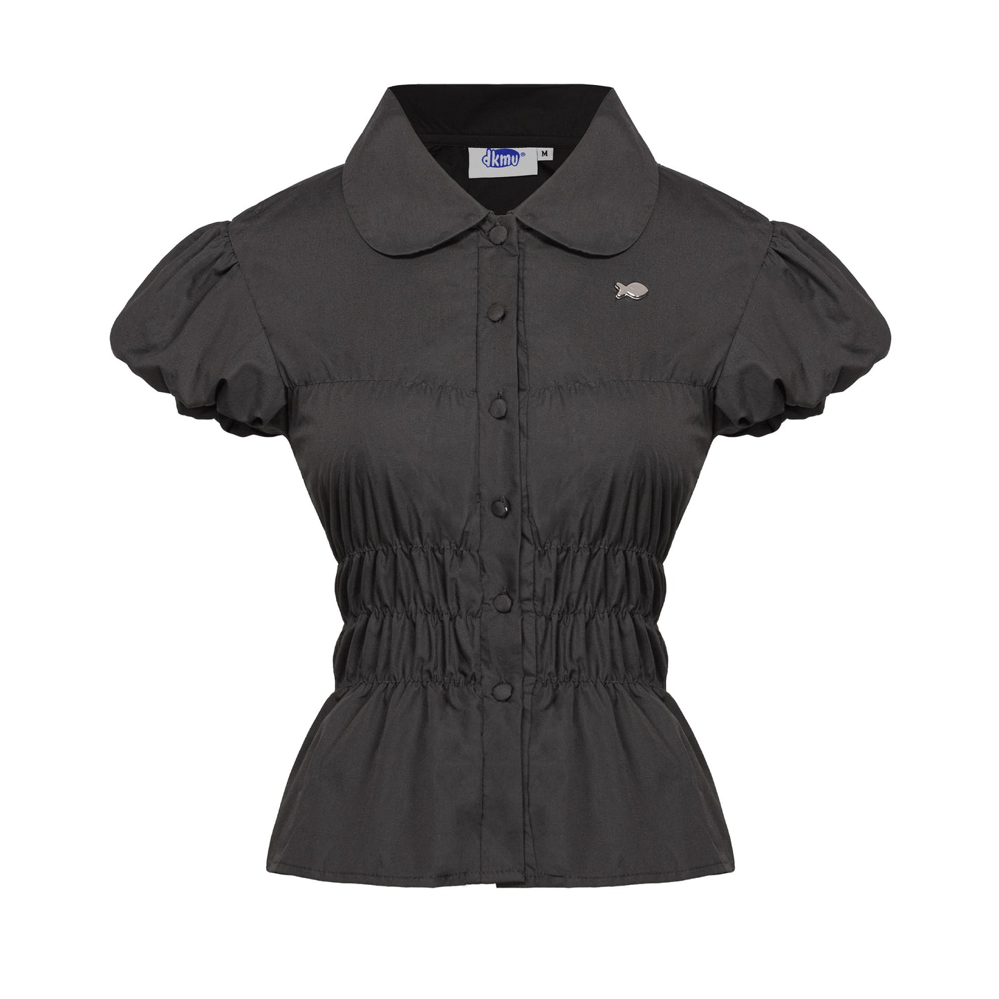 Black short-sleeve blouse with ruffled collar on a white background