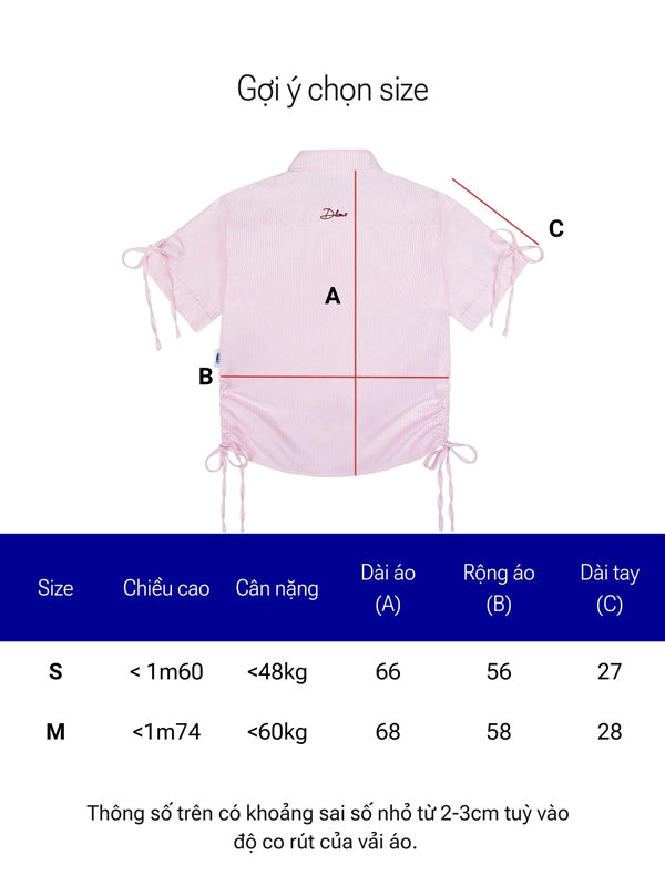 Pink shirt with size chart for measurement guide