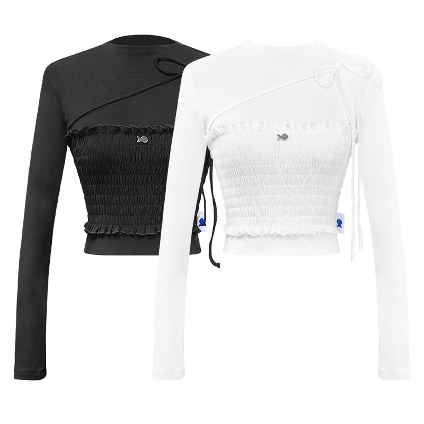 Black and white long-sleeve crop tops with smocked details on a white background