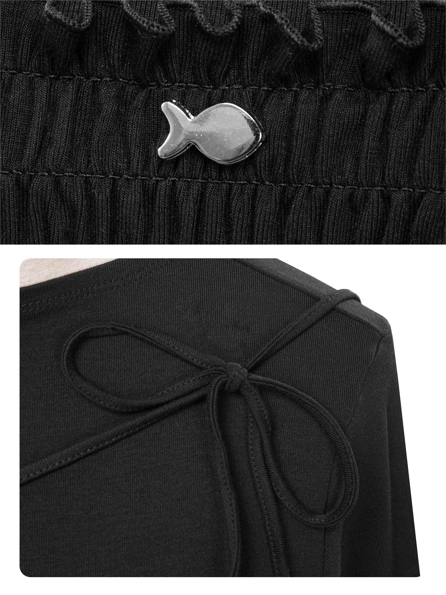 Black outfit with fish-shaped button and tied waistband