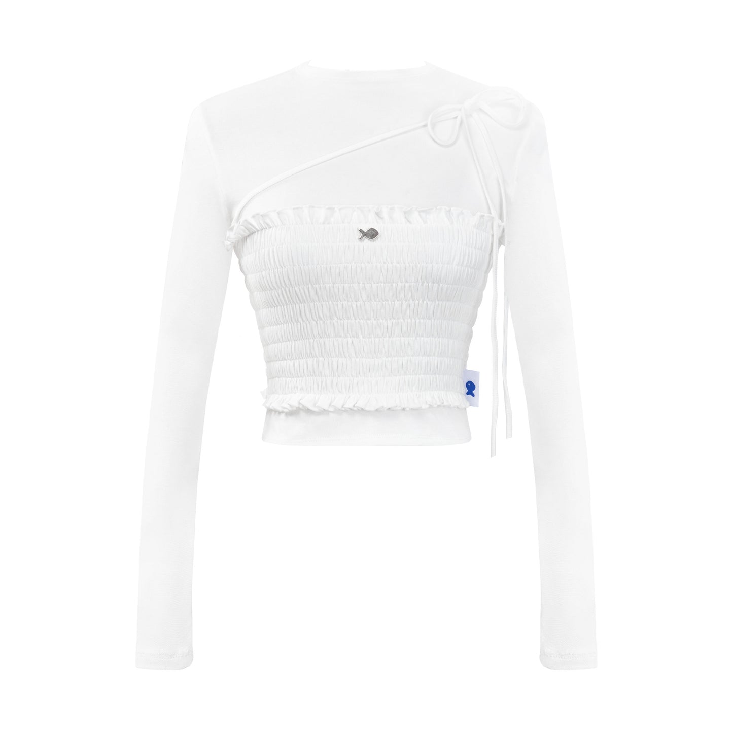 White long-sleeve top with a small logo on a white background