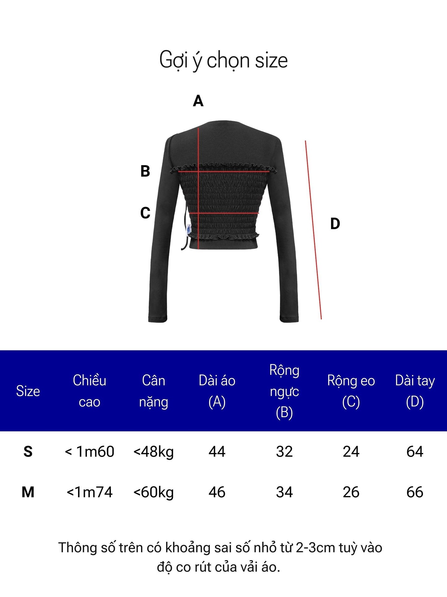 Measurement chart for a jacket with dimensions labeled A, B, C, and D, and size guide for children.