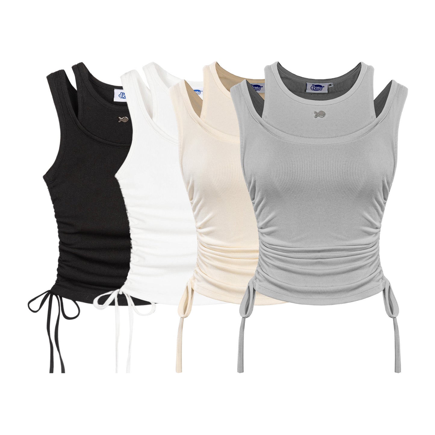 Three tank tops in black, white, and gray on a white background
