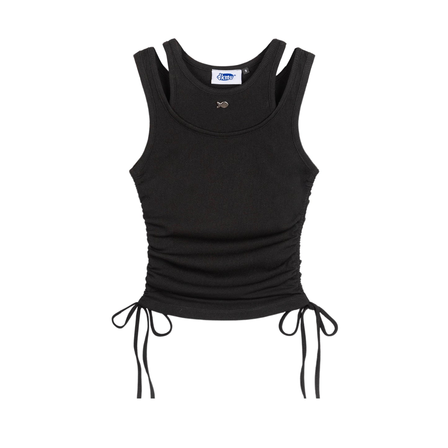 Black tank top with thin straps and tie details on a white background