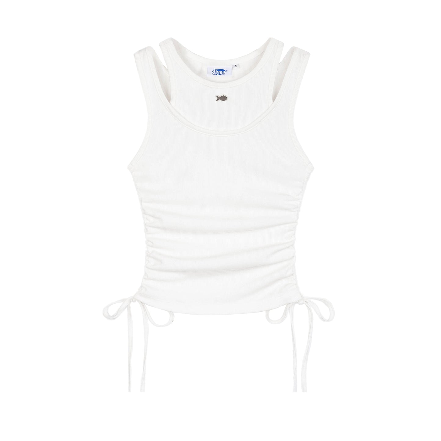 White tank top with drawstring sides on a white background