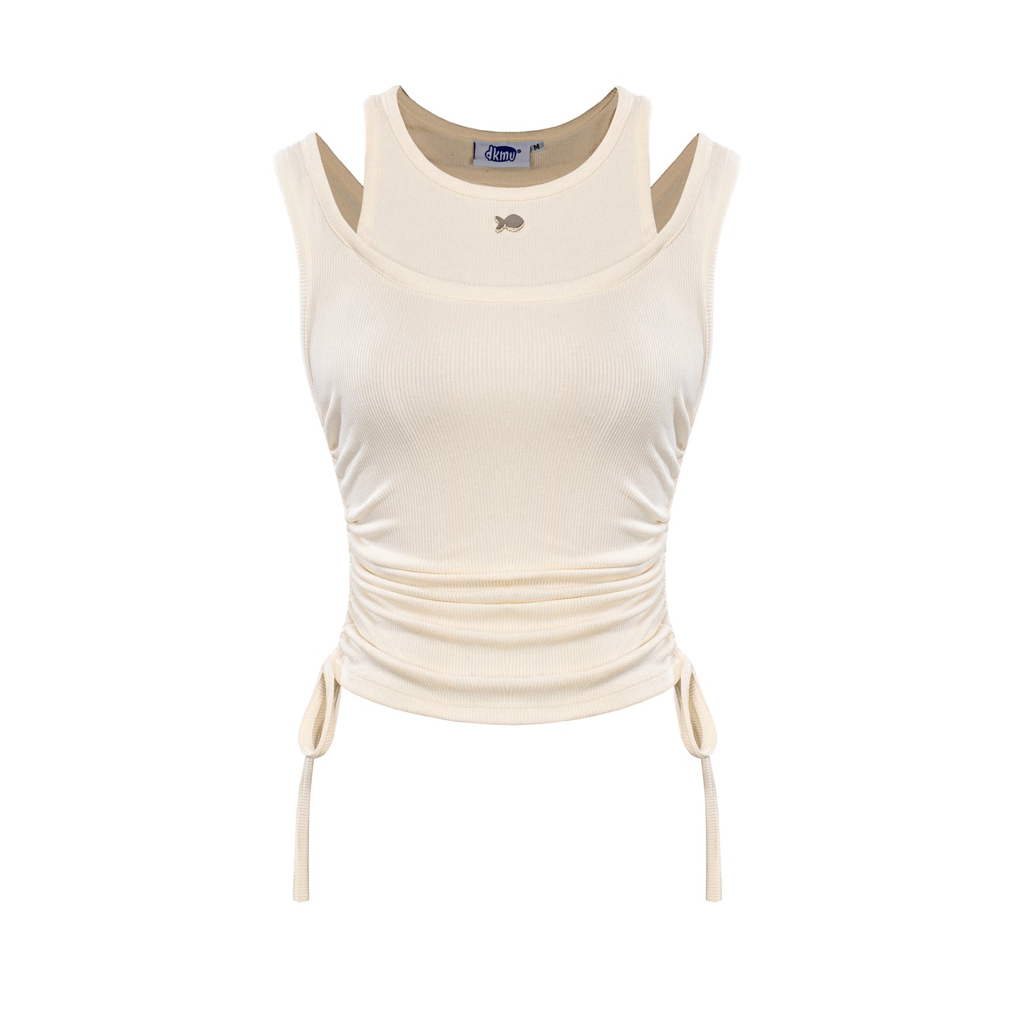 Beige tank top with drawstring sides on a white background