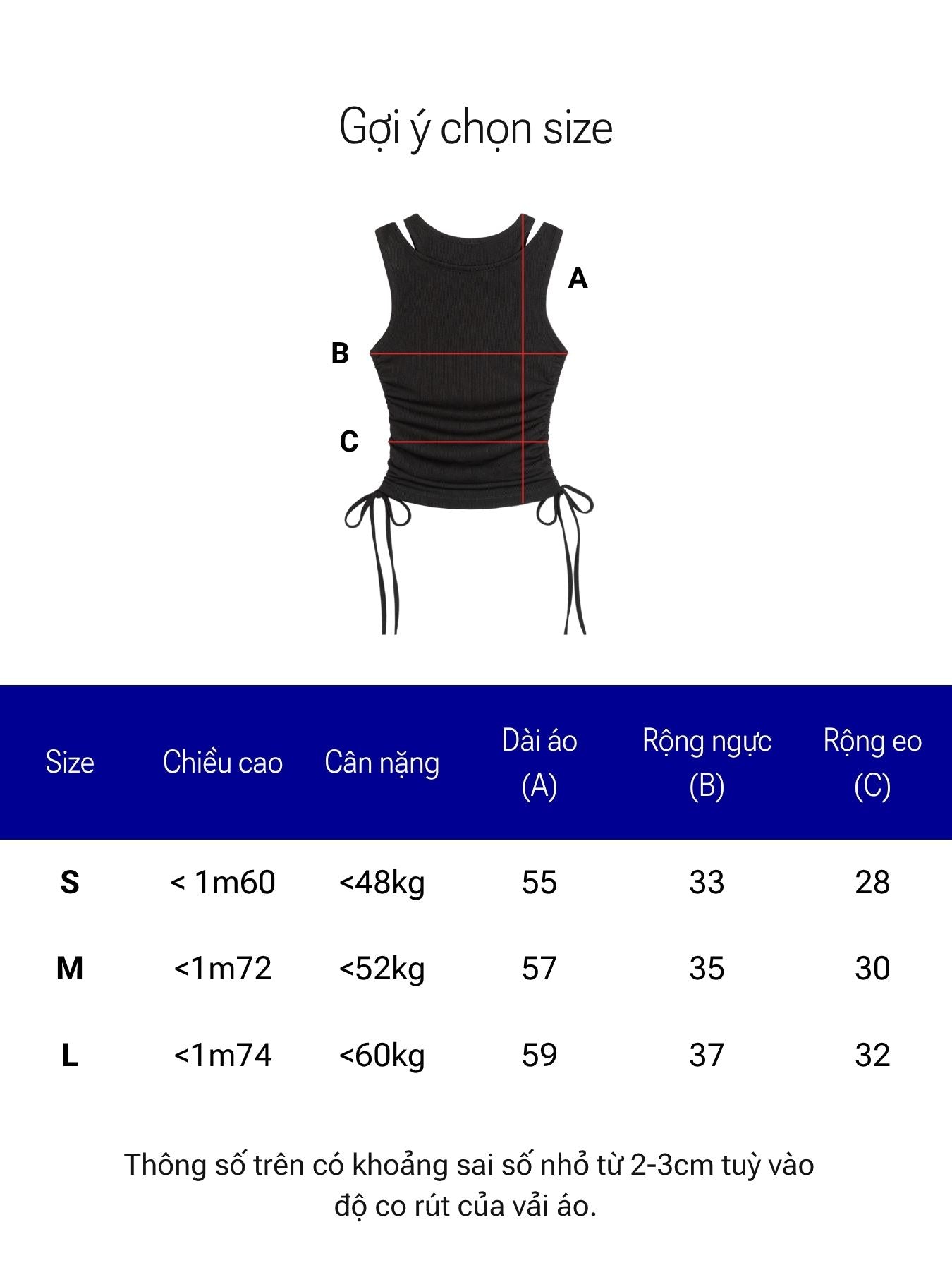 Black tank top with size chart for children on a white background