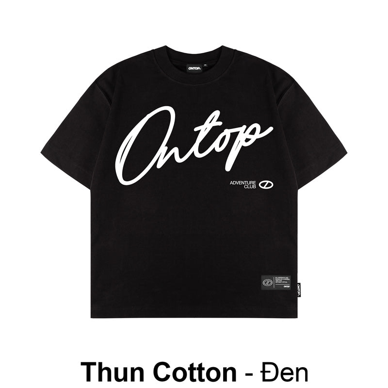 Black t-shirt with white text on a white background
