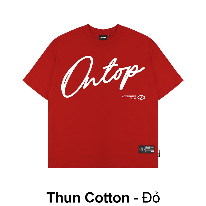 Red t-shirt with white text on a white background