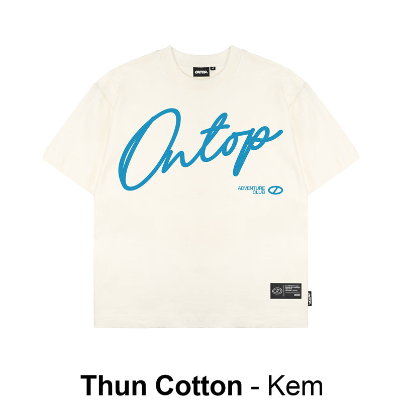 White t-shirt with blue text and branding on a white background